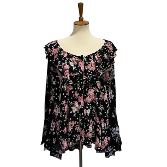 Free People Black and Pink Flutter Sleeve Blouse Size XS 51 - Picture 2 of 5